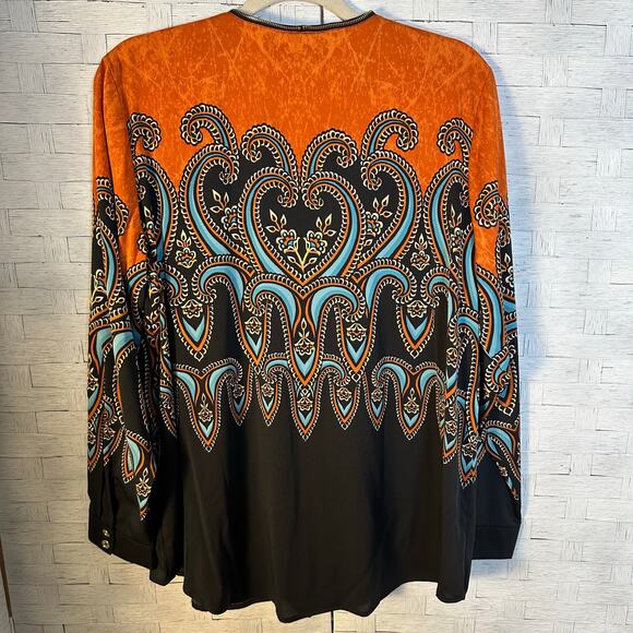Bob Mackie women’s blouse orange black zipper collar bold print Bohemian satin￼ - Picture 2 of 11